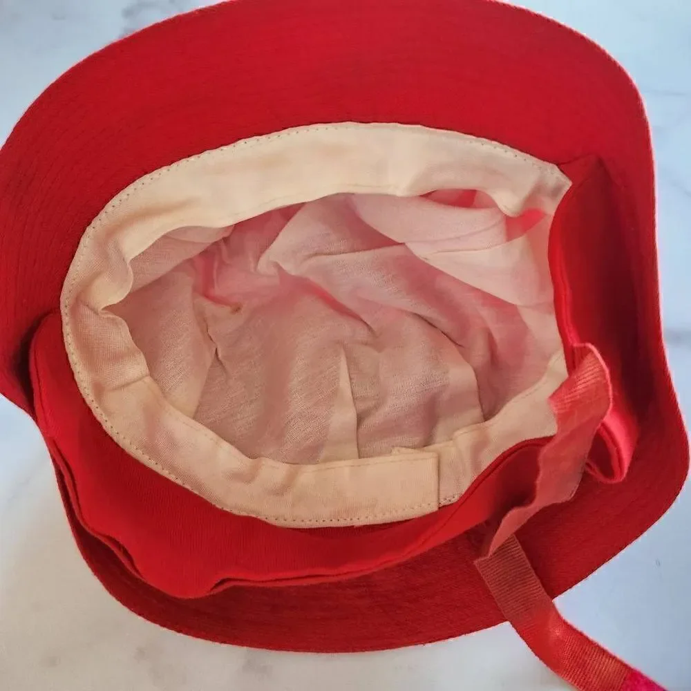 Little baby boy 0-24 month red cotton bucket summer hat vintage retro 70s chin s